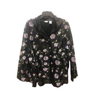 Laura Ashley Women’s Black and Purple Floral Embroidered Collared Button Down Lo